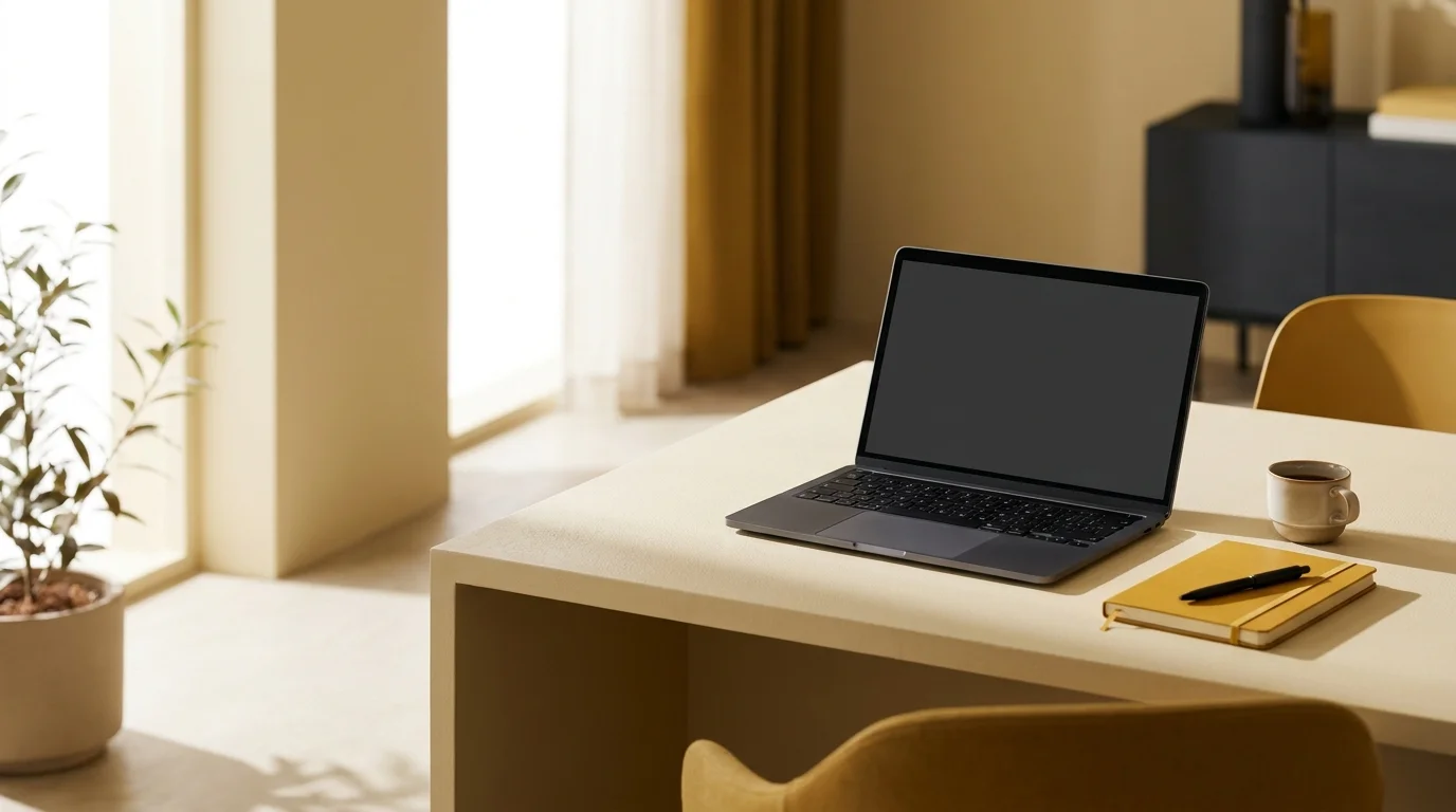 A sunlit independent workspace with a laptop and mustard-yellow notebook