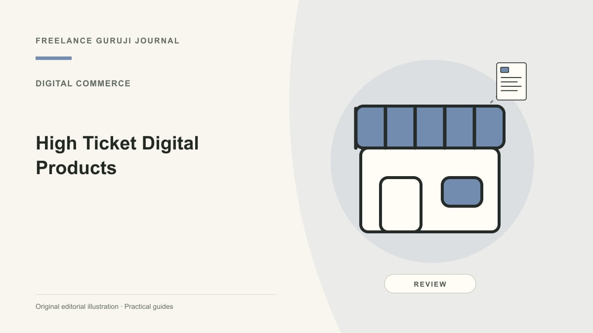 Editorial illustration of a storefront representing High Ticket Digital Products.