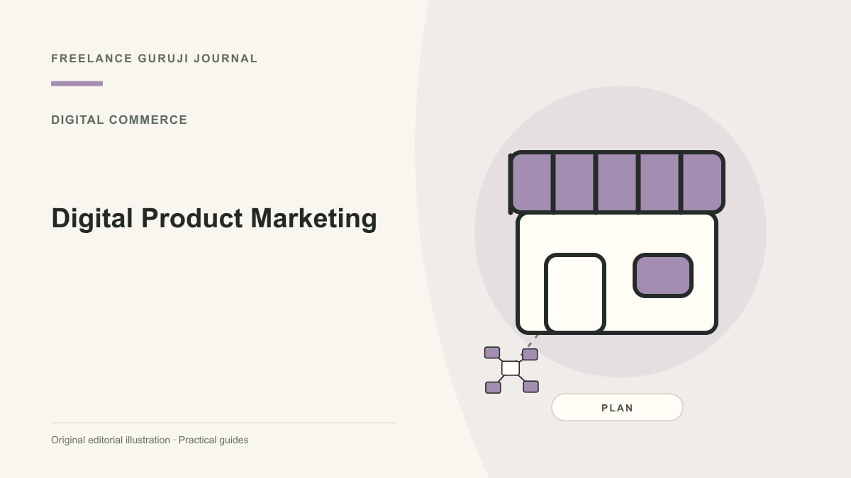 Editorial illustration of a storefront representing Digital Product Marketing.