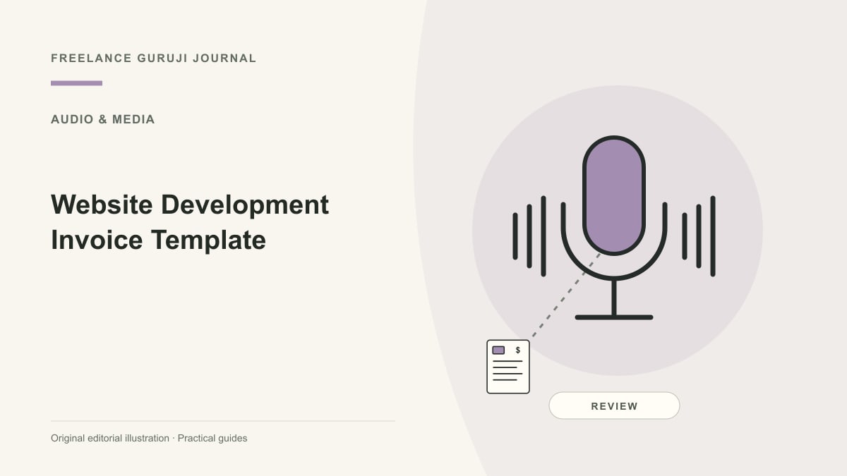 Editorial illustration of a microphone and audio signals representing Website Development Invoice Template.