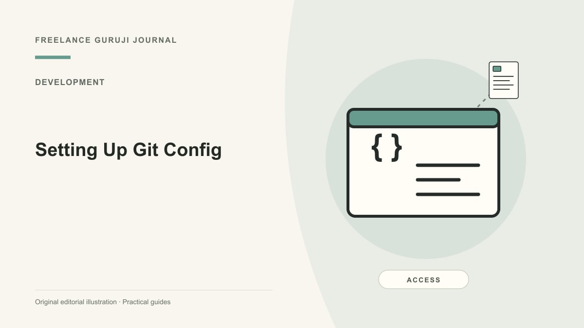 Editorial illustration of a stylized code window representing Setting Up Git Config.