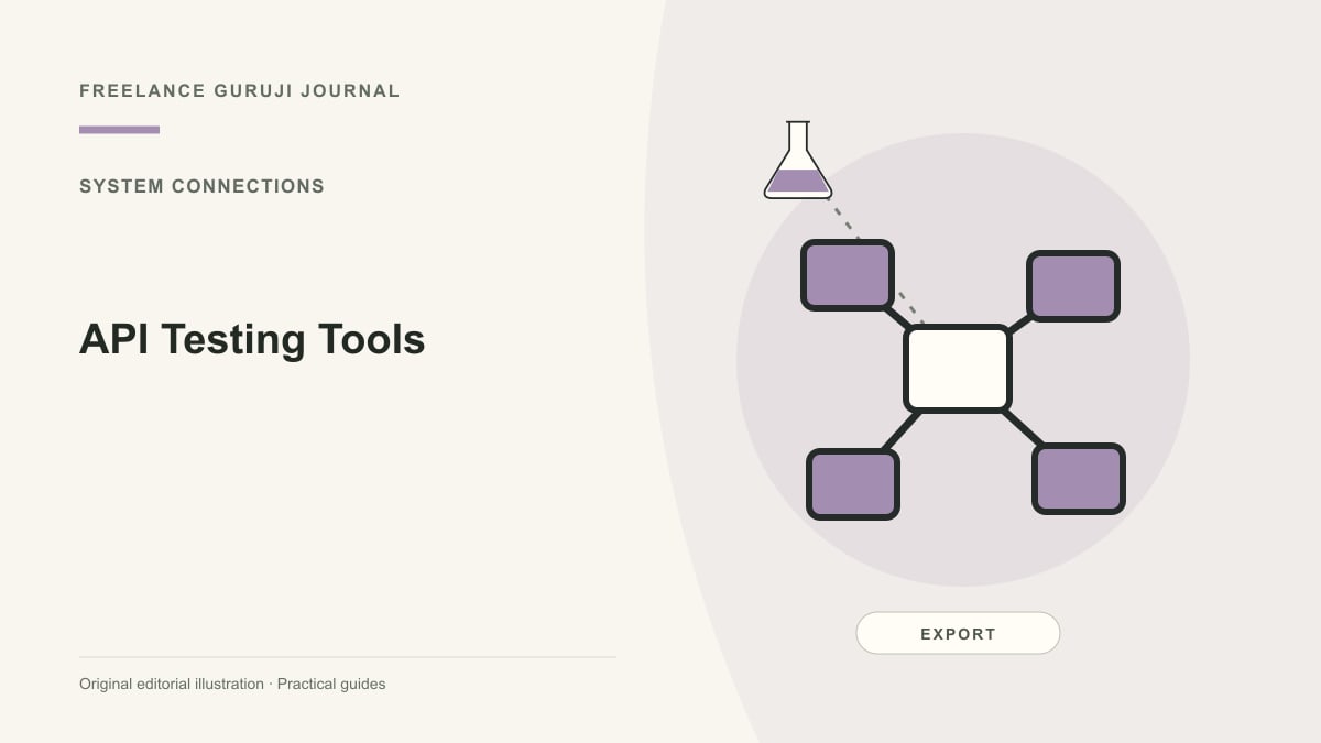 Editorial illustration of connected systems representing API Testing Tools.