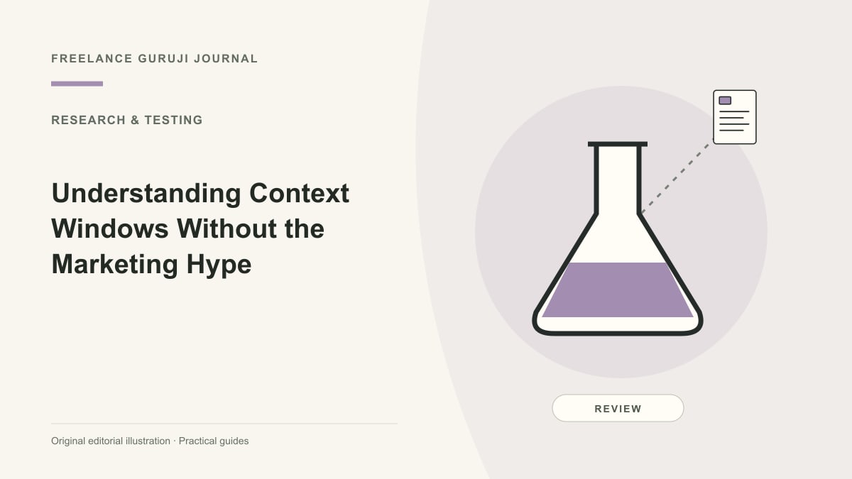 Editorial illustration of a research flask representing Understanding Context Windows Without the Marketing Hype.