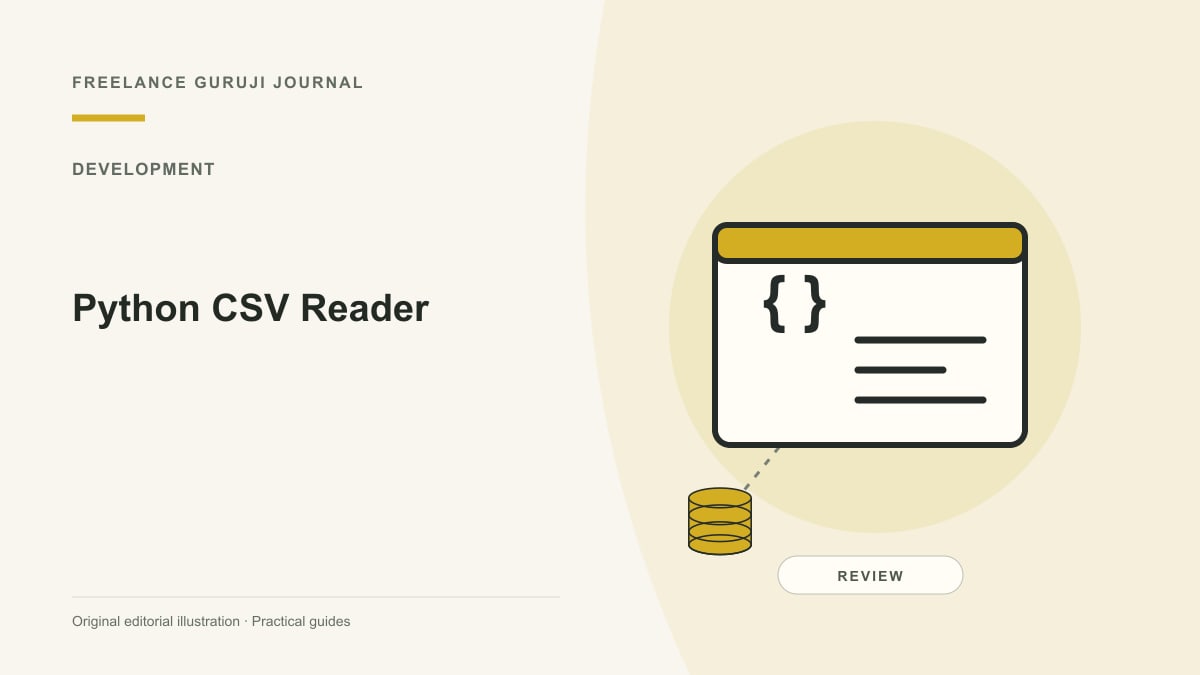 Editorial illustration of a stylized code window representing Python CSV Reader.