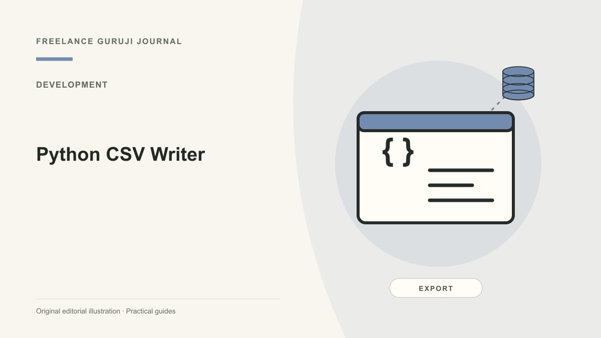 Editorial illustration of a stylized code window representing Python CSV Writer.