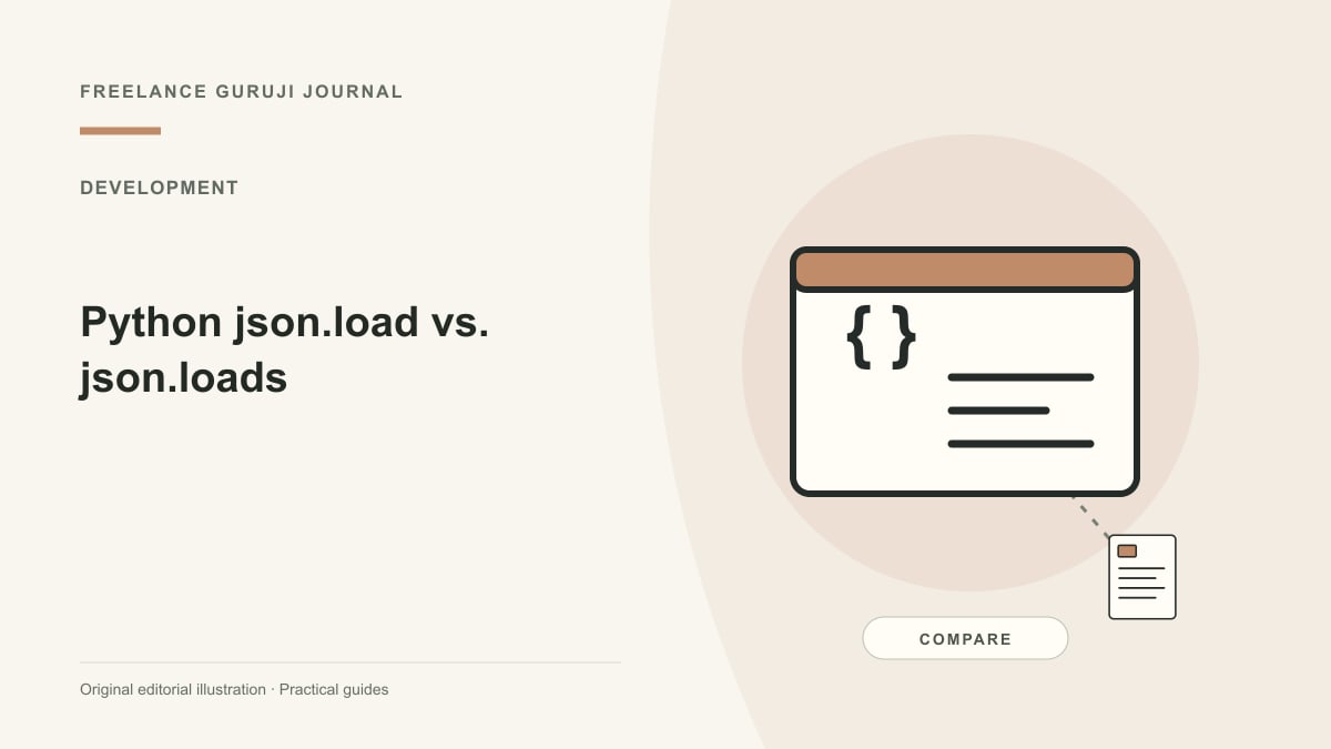 Editorial illustration of a stylized code window representing Python json.load vs. json.loads.