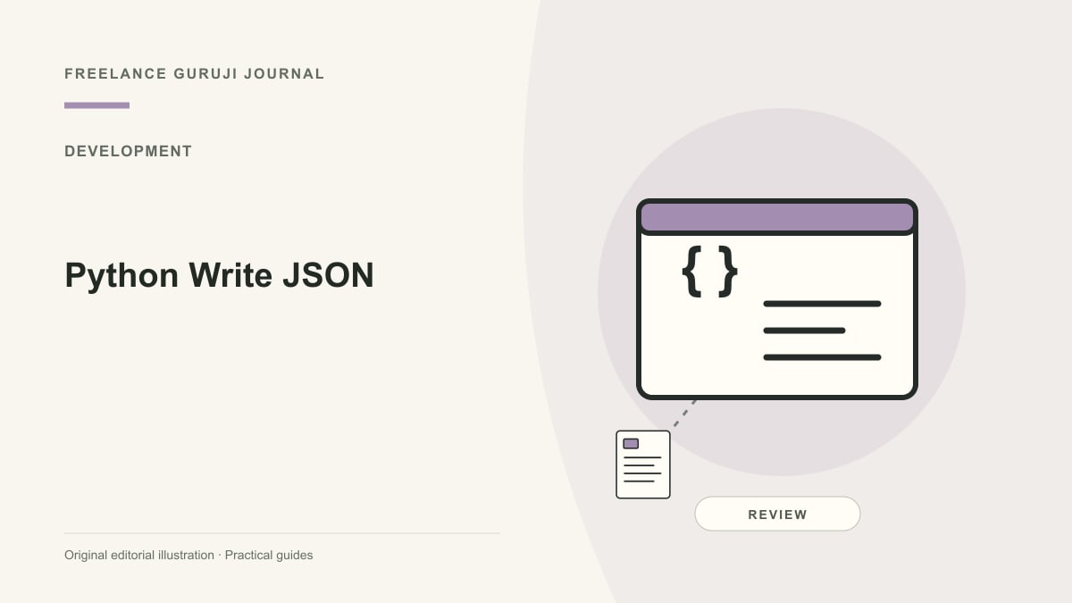 Editorial illustration of a stylized code window representing Python Write JSON.