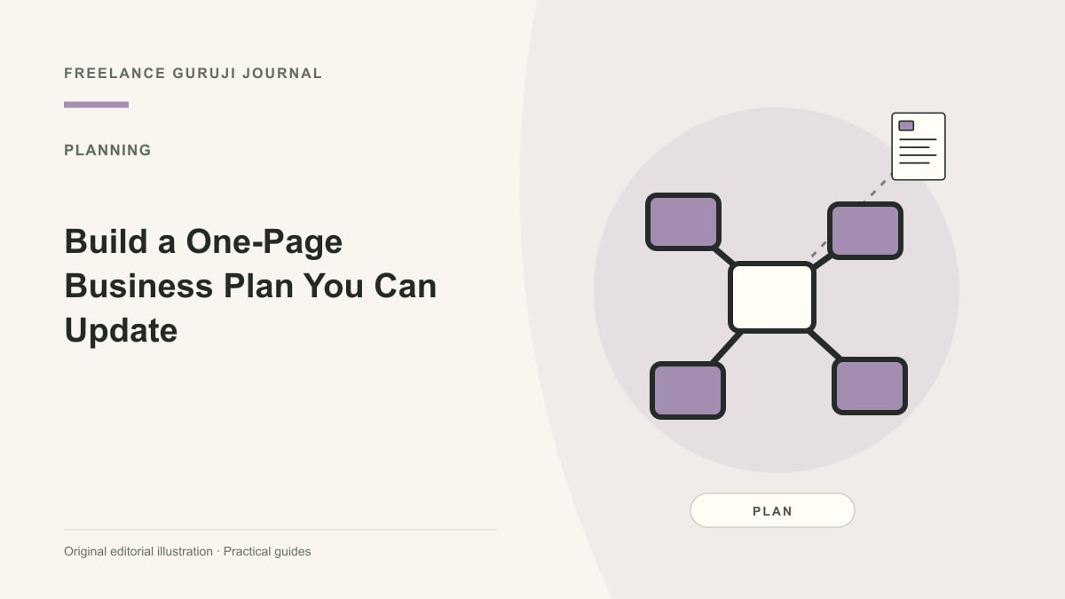 Editorial illustration of connected planning steps representing Build a One-Page Business Plan You Can Update.