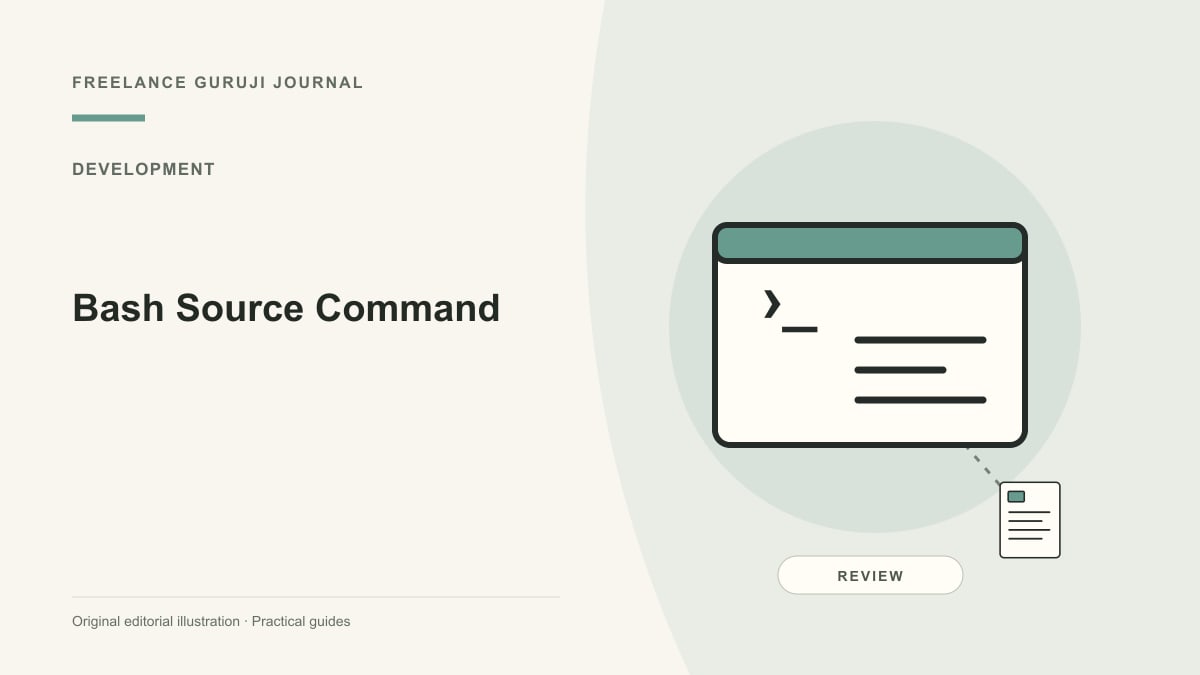Editorial illustration of a command terminal representing Bash Source Command.