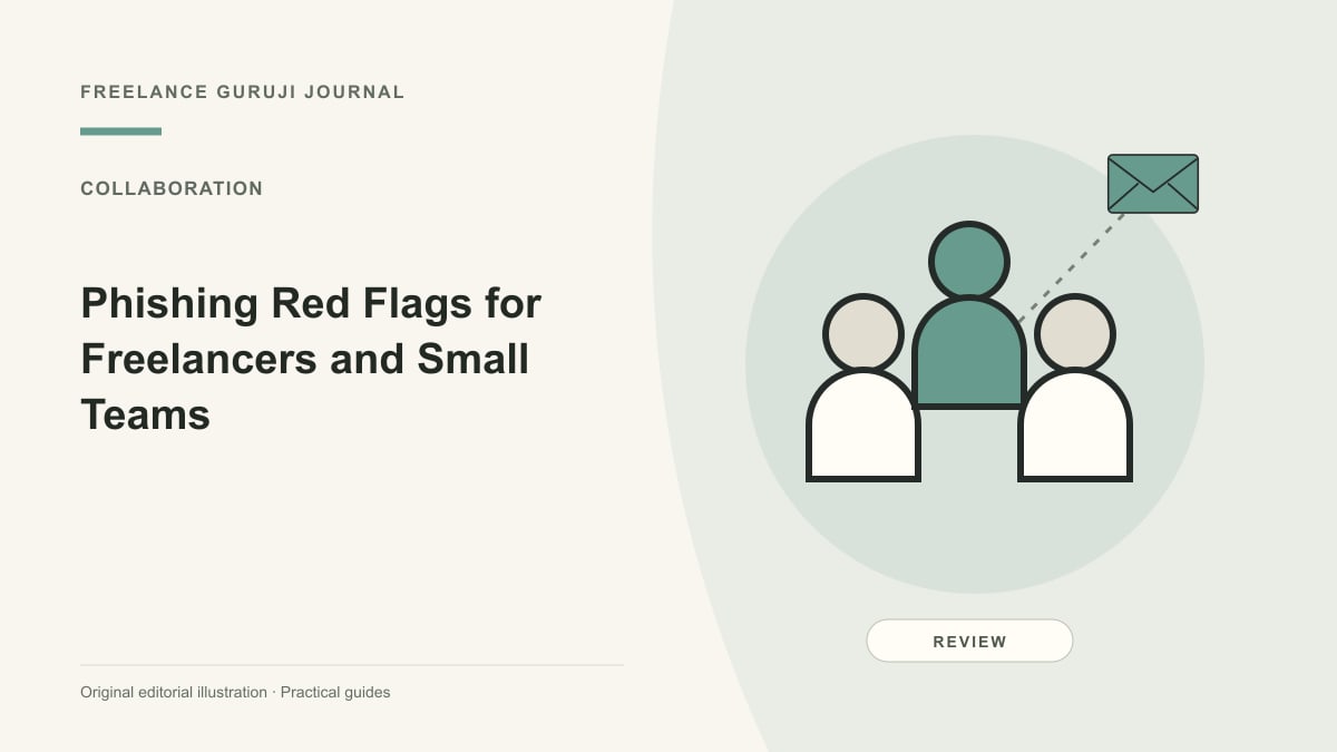 Editorial illustration of collaborating people representing Phishing Red Flags for Freelancers and Small Teams.