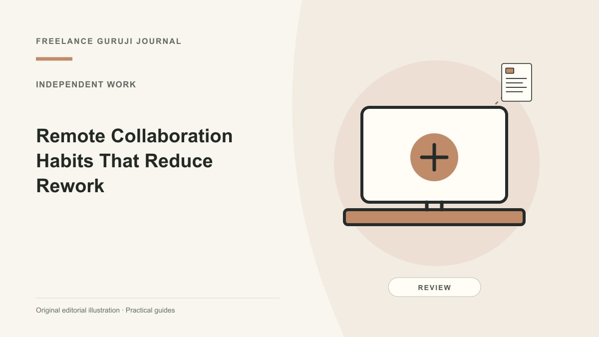 Editorial illustration of a work computer representing Remote Collaboration Habits That Reduce Rework.