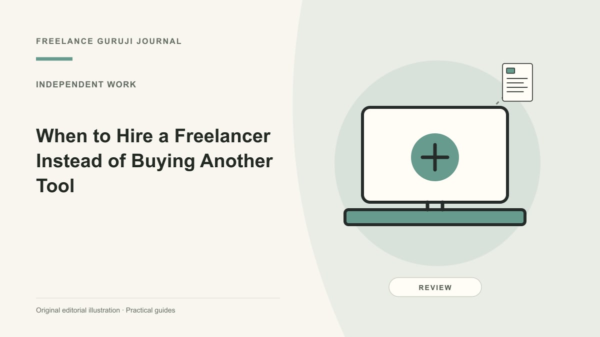 Editorial illustration of a work computer representing When to Hire a Freelancer Instead of Buying Another Tool.