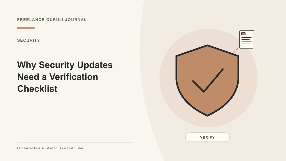 Editorial illustration of a protective shield representing Why Security Updates Need a Verification Checklist.