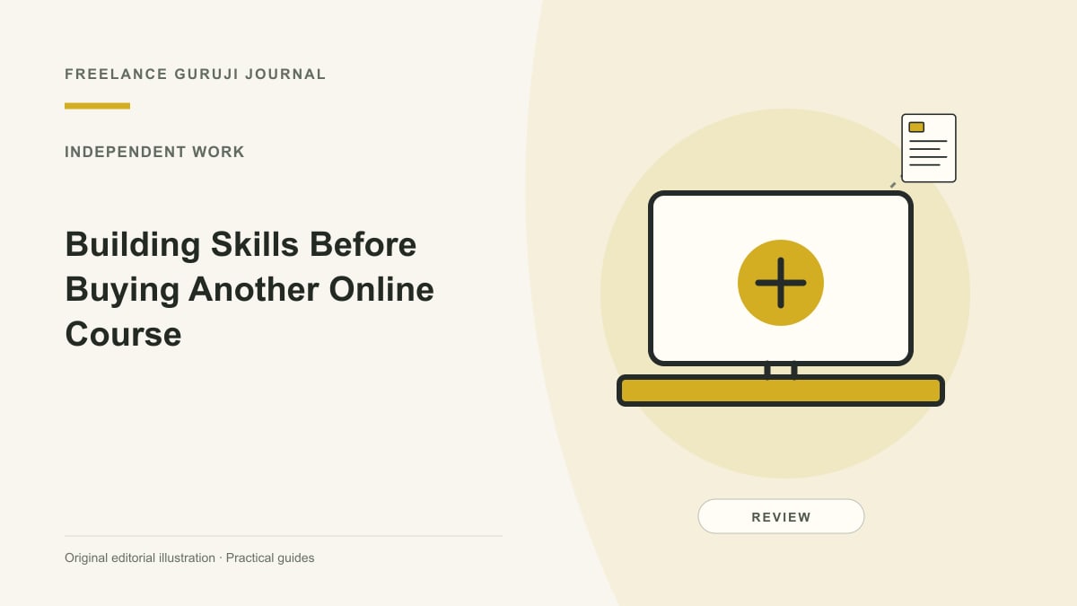 Editorial illustration of a work computer representing Building Skills Before Buying Another Online Course.