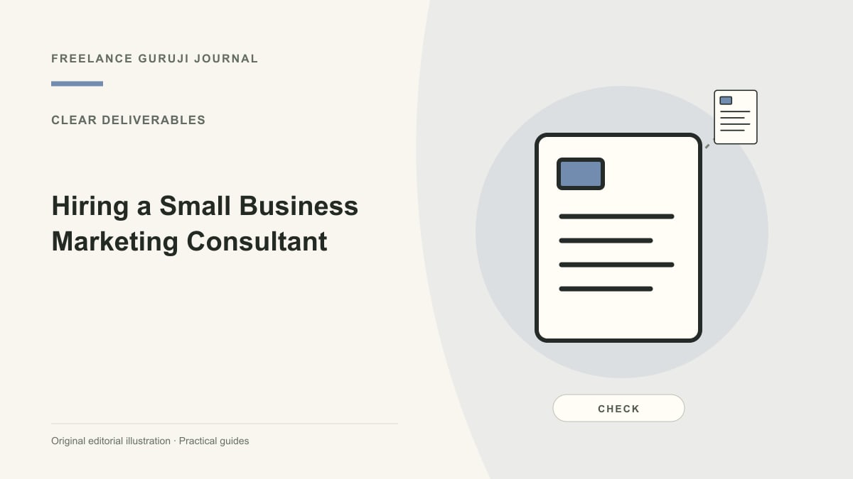 Editorial illustration of a structured document representing Hiring a Small Business Marketing Consultant.