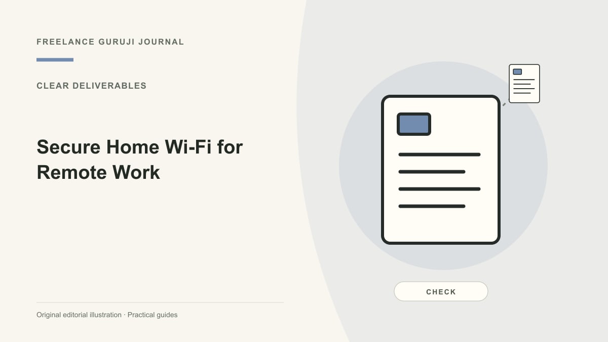 Editorial illustration of a structured document representing Secure Home Wi-Fi for Remote Work.