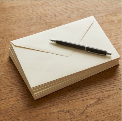 AI-generated editorial illustration: cream envelope stack and pen.