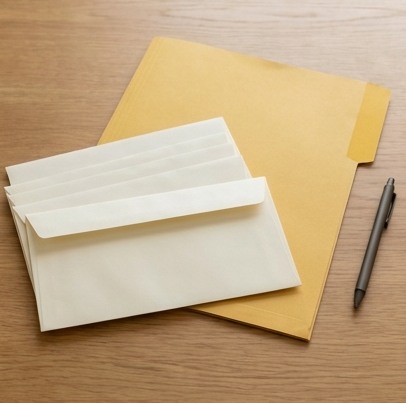 AI-generated editorial illustration: cream envelopes, mustard folder and pen.