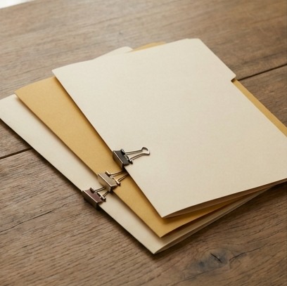 AI-generated editorial illustration: three blank document folders with clips.