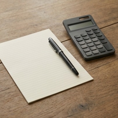 AI-generated editorial illustration: blank ruled paper and pen beside calculator.