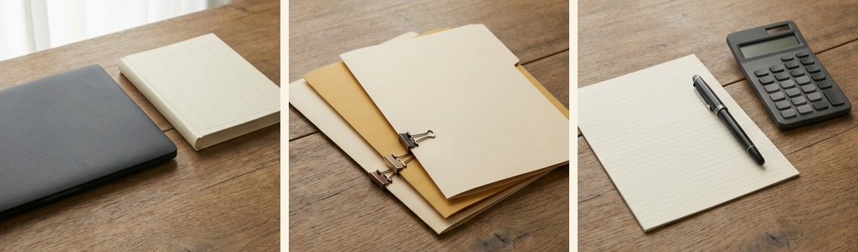 AI-generated editorial illustration: closed laptop and blank ledger notebook.
