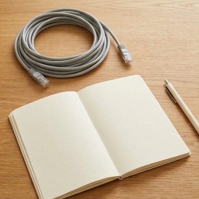 AI-generated editorial illustration: ethernet cable beside blank notebook.