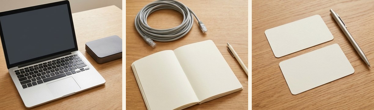 AI-generated editorial illustration: laptop and unbranded network device.