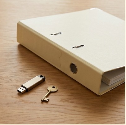 AI-generated editorial illustration: cream binder, usb drive and key.