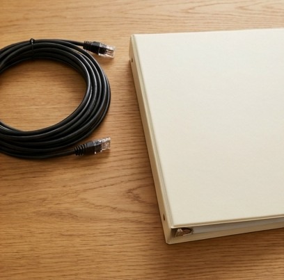 AI-generated editorial illustration: network cable beside cream binder.