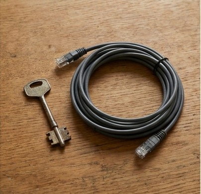 AI-generated editorial illustration: key beside a coiled network cable.