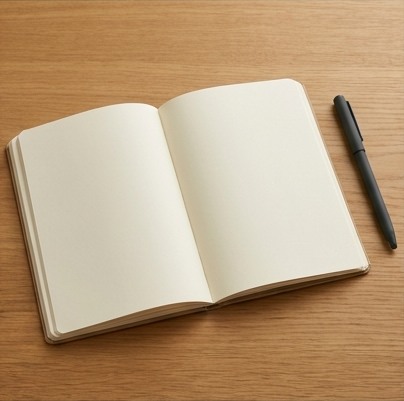 AI-generated editorial illustration: open blank campaign notebook and pen.