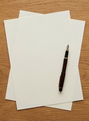 AI-generated editorial illustration: blank letter sheets beside a pen.