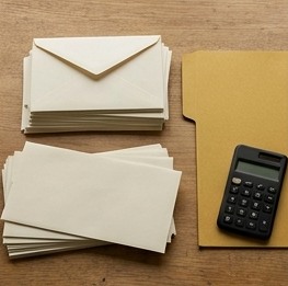 AI-generated editorial illustration: cream envelopes beside folder and calculator.