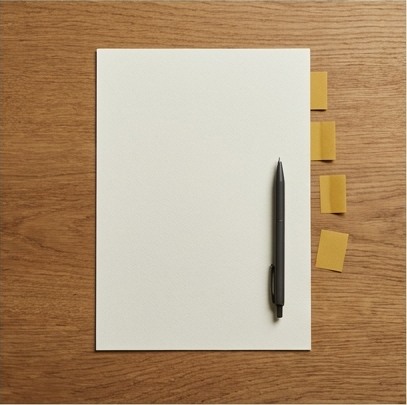 AI-generated editorial illustration: blank agreement paper with pen and mustard tabs.
