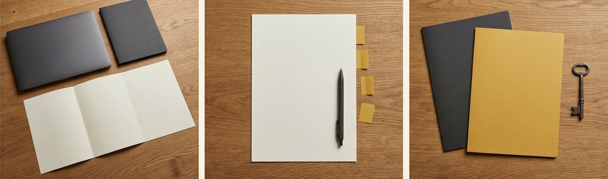 AI-generated editorial illustration: closed laptop, folders and blank agreement sheets.