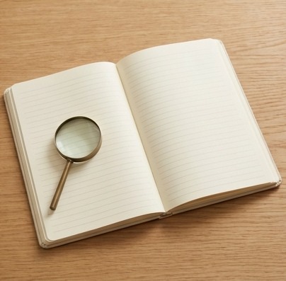 AI-generated editorial illustration: open ruled notebook and magnifying glass.