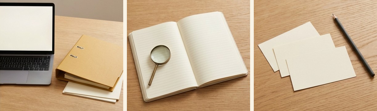 AI-generated editorial illustration: laptop beside mustard research binder.