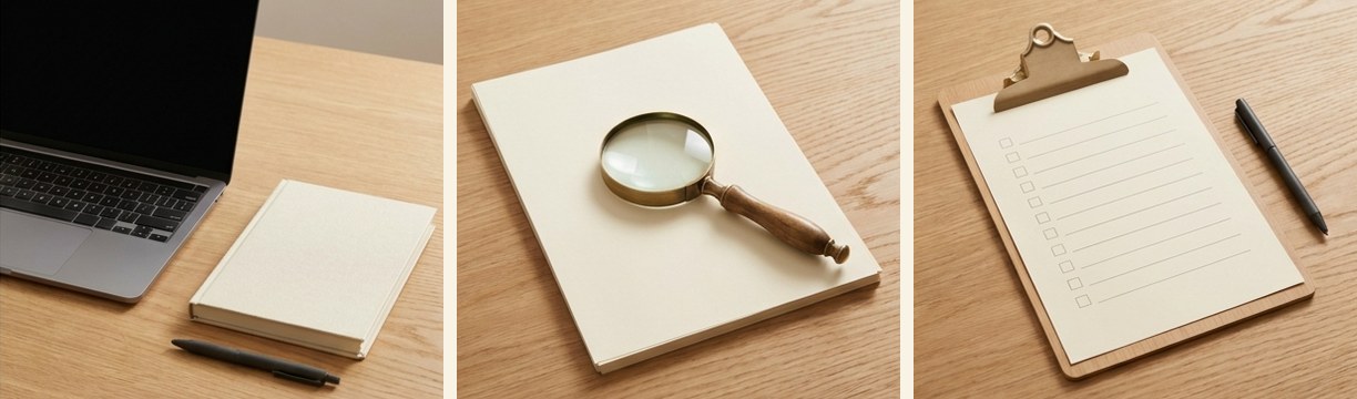 AI-generated editorial illustration: laptop and blank search-inspection notebook.
