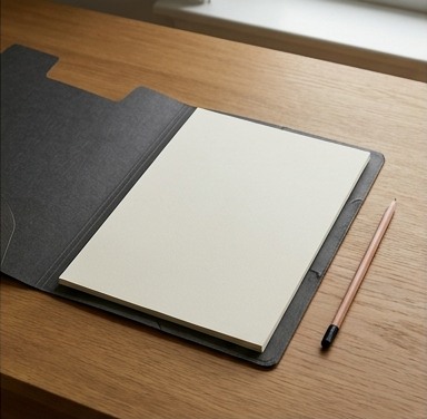 AI-generated editorial illustration: open portfolio folder and pencil.