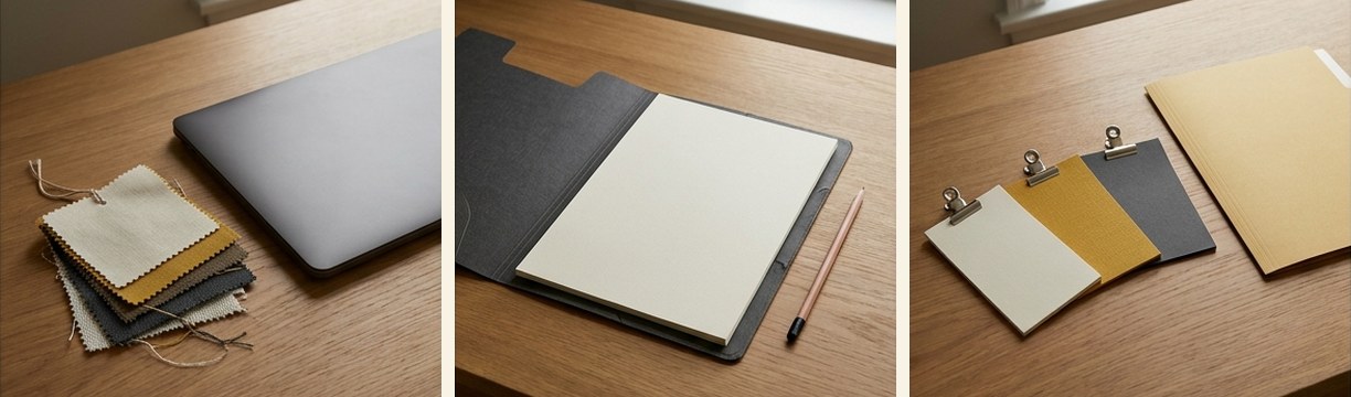 AI-generated editorial illustration: laptop beside neutral fabric swatches.