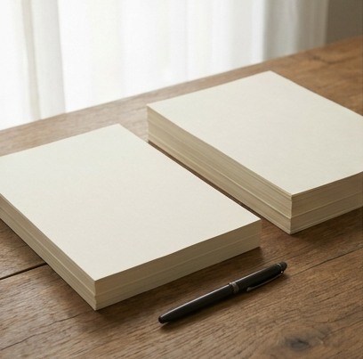 AI-generated editorial illustration: two blank paper stacks of different heights.