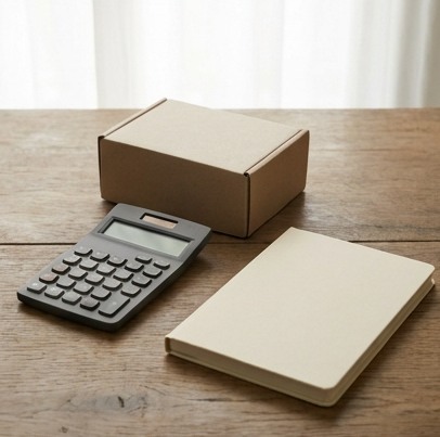 AI-generated editorial illustration: neutral product box, calculator and notebook.