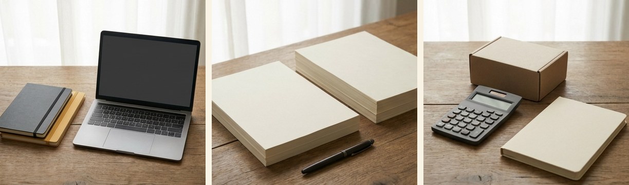 AI-generated editorial illustration: laptop beside two closed notebooks.