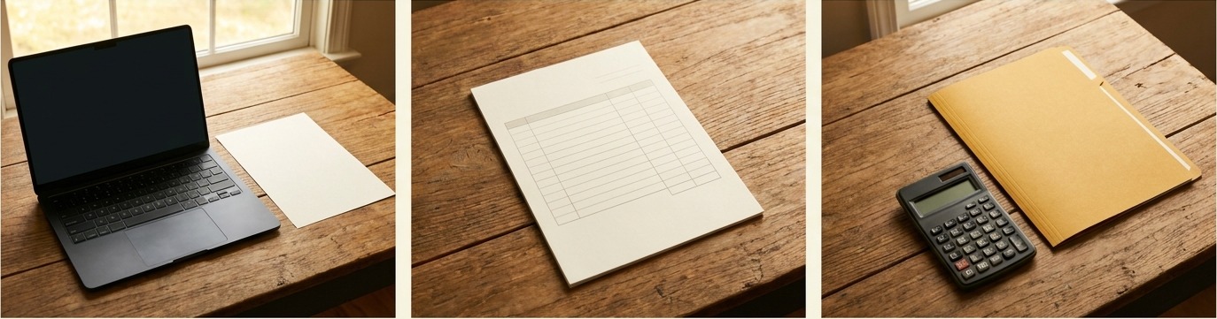 AI-generated editorial triptych illustrating a google docs invoice template for freelance client work