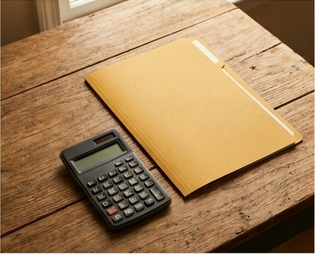 AI-generated editorial illustration of filed document folder beside calculator