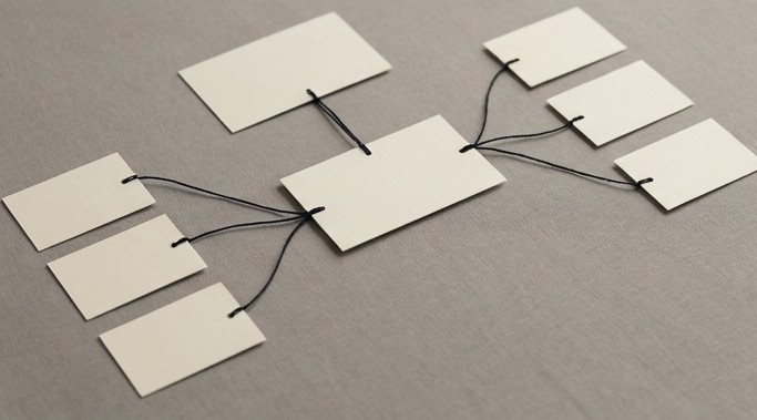 AI editorial illustration of a branching process made with cards and thread