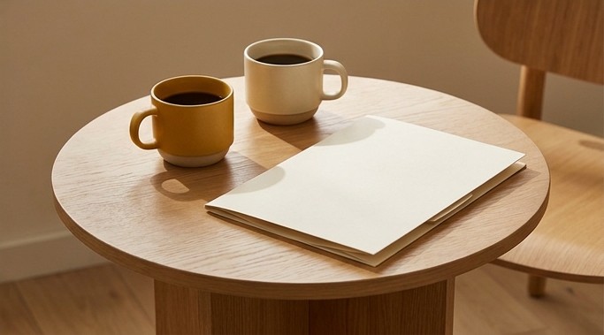 AI editorial illustration of a meeting table and proposal folder