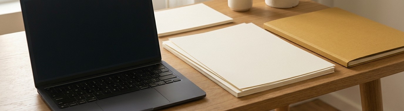AI editorial illustration of blank portfolio sheets at a creative desk