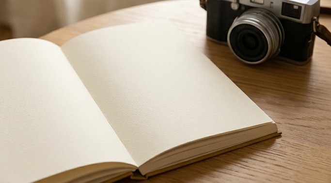 AI editorial illustration of a notebook and camera