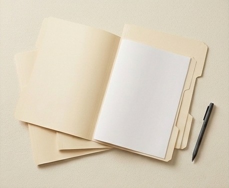 AI editorial photograph of blank software comparison folders